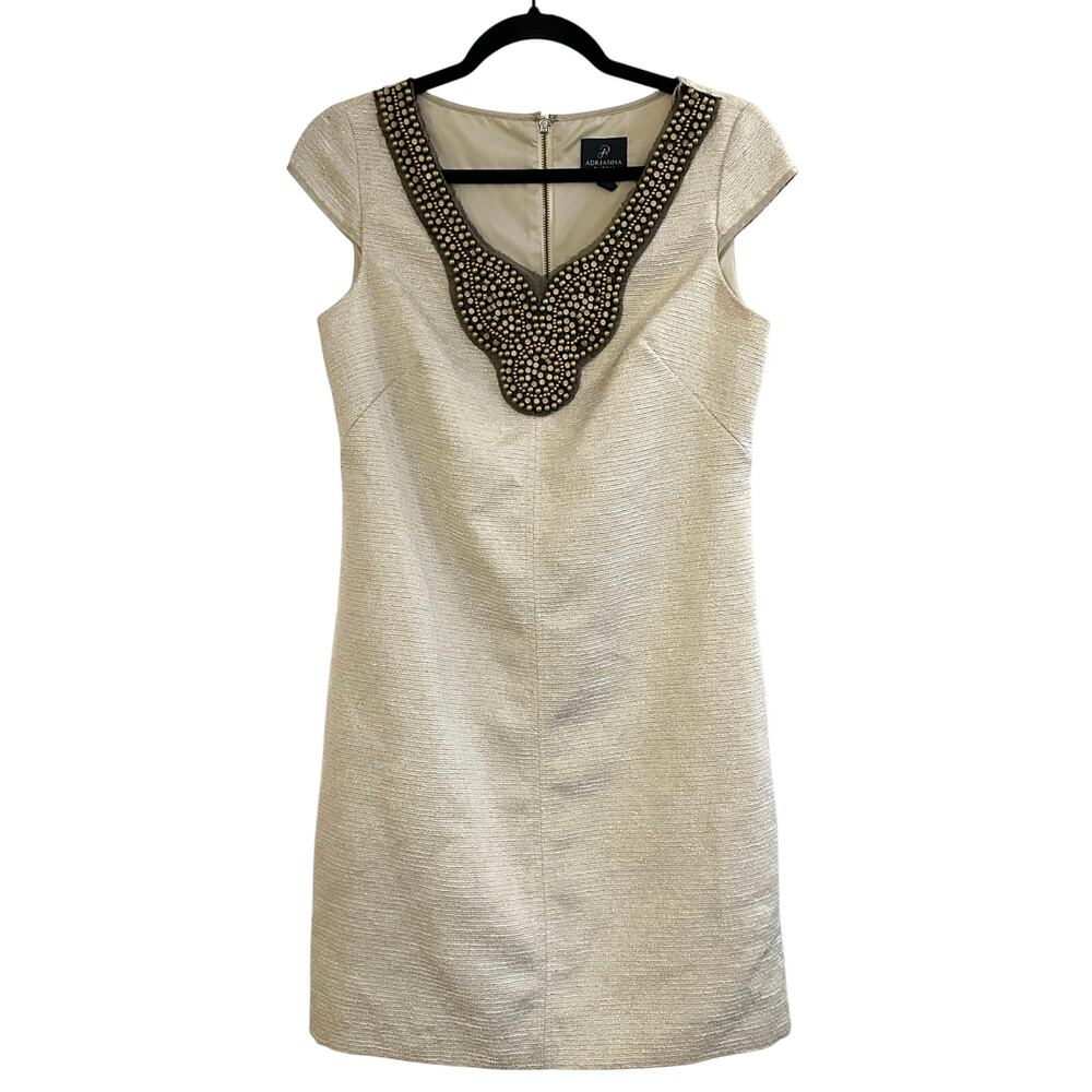 ADRIANNA PAPELL Gold Beige Cap Sleeve Beaded Neckline Metallic Tweed Dress Sz 4